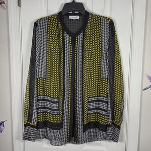 Calvin Klein Pleated Geometric Print Chiffon Blouse Yellow Black Large